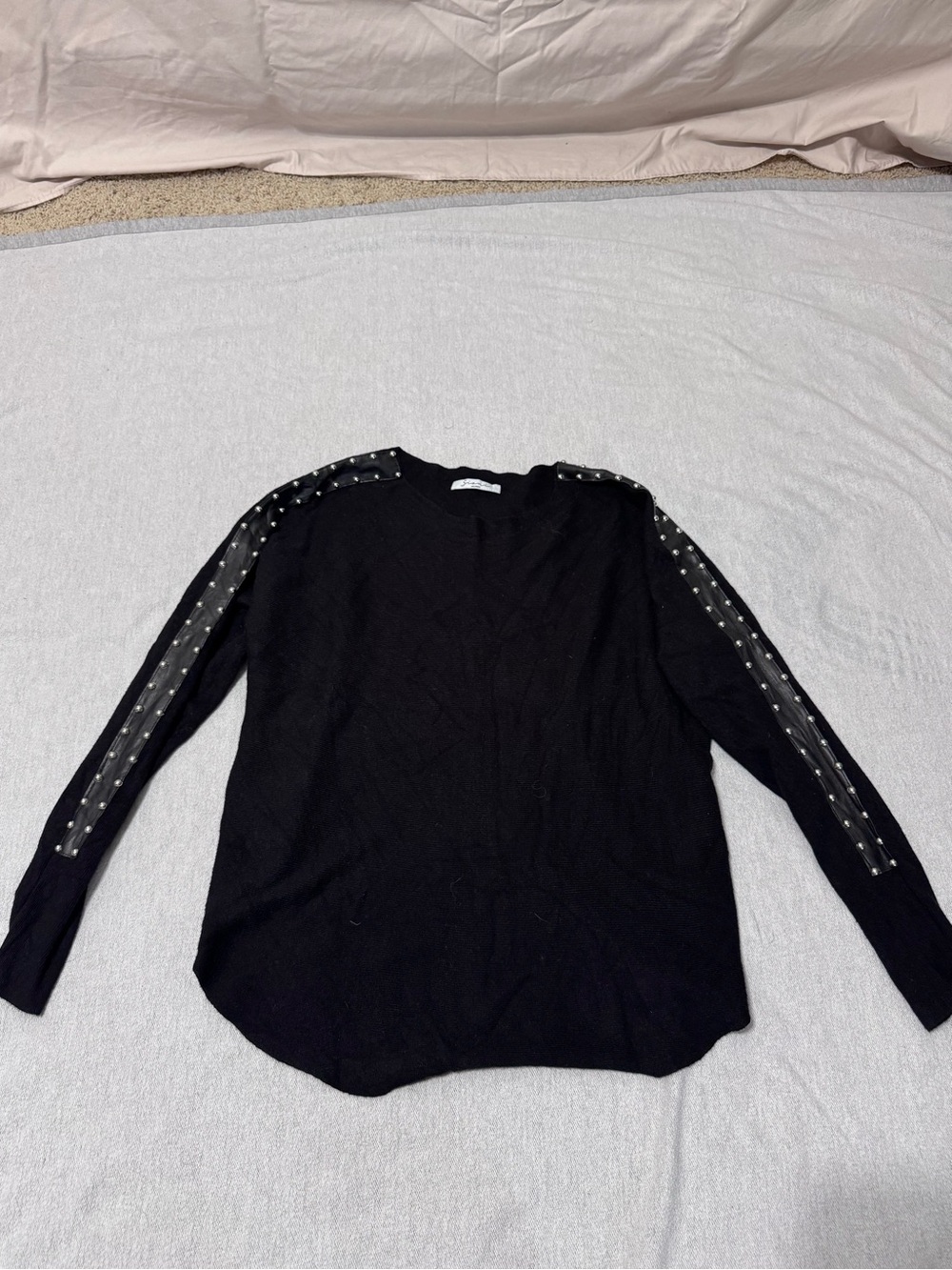 Sioni Black Crew Neck Sweater with Stud-Trimmed Sheer Sleeves